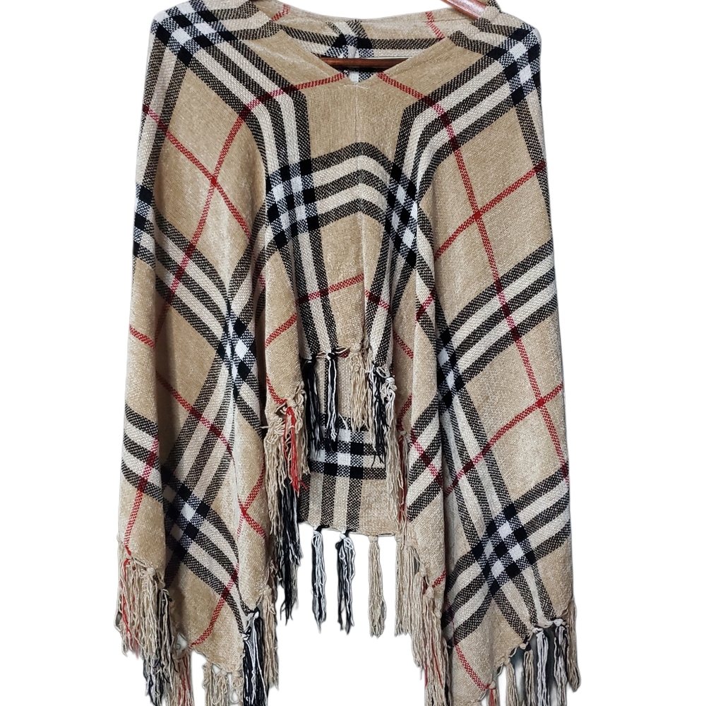 a.n.a Tan Plaid Fringe Poncho